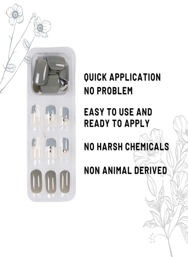 ليك أظافر لاصقة - 30 قطعة من أظافر الأكريليك/الصناعية/المزيفة القابلة لإعادة الاستخدام مع مجموعة أدوات التطبيق، شفافة ورمادية مرصعة (عبوة من 30 قطعة) - Image 2