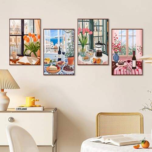Okarina 4 Pack Paint by Numbers Kit for Adults with Frame Window Scenery, Framed Paint by Number for Adults Beginner with Wooden Easel, Coffee DIY Painting by Numbers Canvas Framed for Home Decor 8 x 12 Inch - Image 3