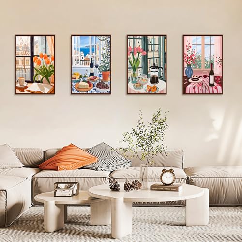 Okarina 4 Pack Paint by Numbers Kit for Adults with Frame Window Scenery, Framed Paint by Number for Adults Beginner with Wooden Easel, Coffee DIY Painting by Numbers Canvas Framed for Home Decor 8 x 12 Inch - Image 4