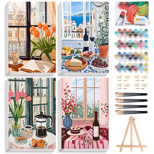 Okarina 4 Pack Paint by Numbers Kit for Adults with Frame Window Scenery, Framed Paint by Number for Adults Beginner with Wooden Easel, Coffee DIY Painting by Numbers Canvas Framed for Home Decor 8 x 12 Inch - Image 1
