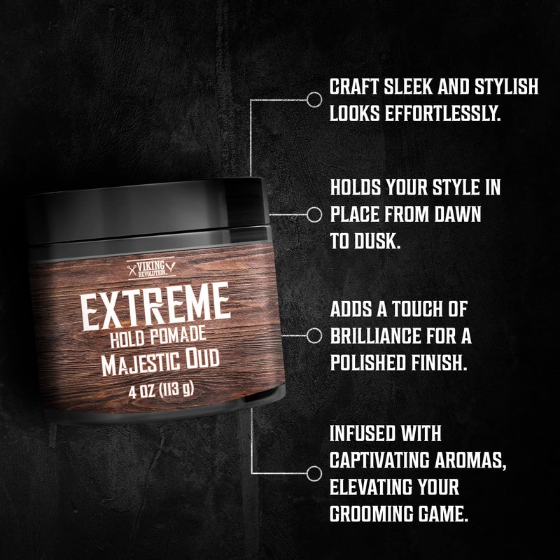 Viking Revolution Majestic Oud Hair Pomade for Men - Extreme Hold Hair Gel for Men - Water Based - Mens Pomade Extra Firm - High Shine Mens Hair Cream (4oz) - Image 3