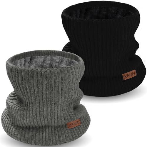 XFUEL Kids Neck Warmer, 2 Pack, Knitted Winter Neck Gaiter, Fleece Lined Infinity Scarf for Boys Girls (black,dark grey) - Image 1
