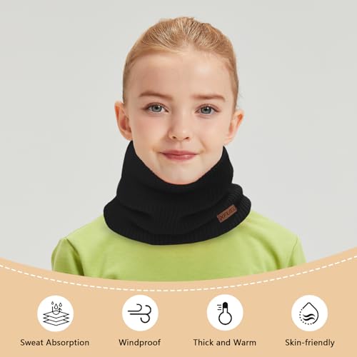 XFUEL Kids Neck Warmer, 2 Pack, Knitted Winter Neck Gaiter, Fleece Lined Infinity Scarf for Boys Girls (black,dark grey) - Image 4