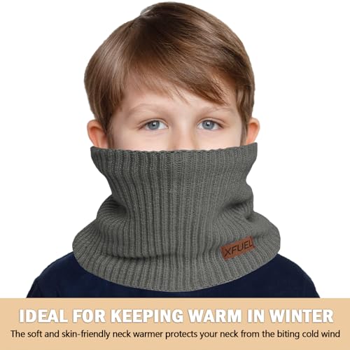 XFUEL Kids Neck Warmer, 2 Pack, Knitted Winter Neck Gaiter, Fleece Lined Infinity Scarf for Boys Girls (black,dark grey) - Image 5