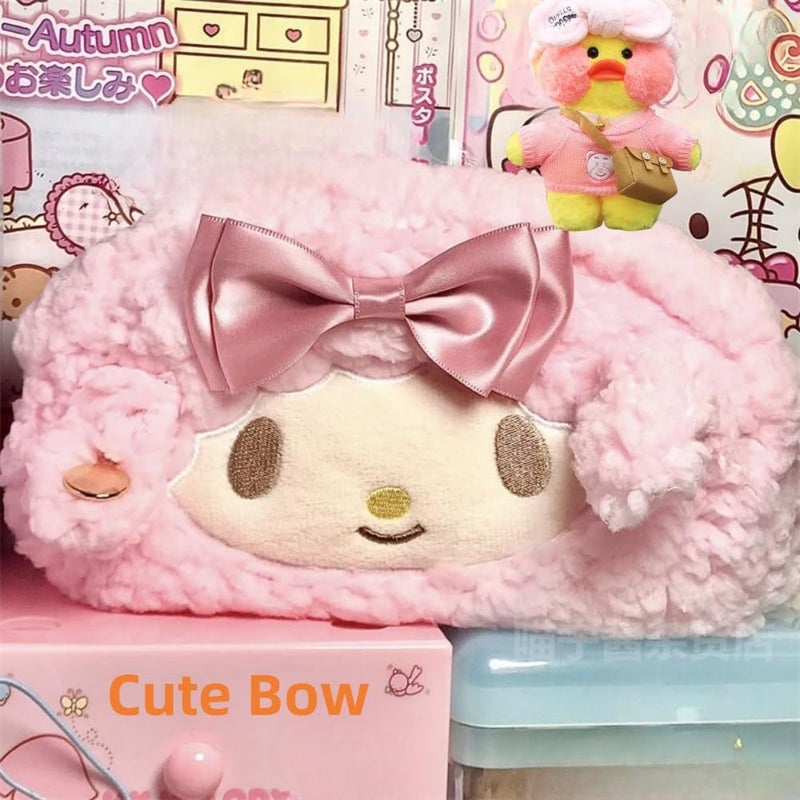 Vobomo Cute Bow Lamb Large Capacity Pencil Case Plush Pen Holder Sweety Pencil Pouch Box Cute Aesthetic Pen Case (Strawberry pink) - Image 4