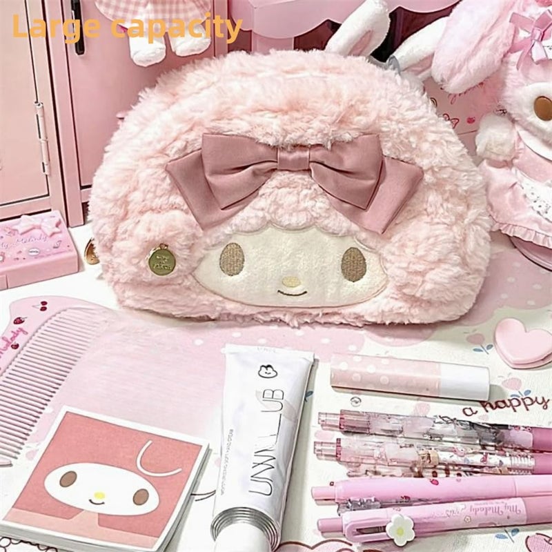 Vobomo Cute Bow Lamb Large Capacity Pencil Case Plush Pen Holder Sweety Pencil Pouch Box Cute Aesthetic Pen Case (Strawberry pink) - Image 5