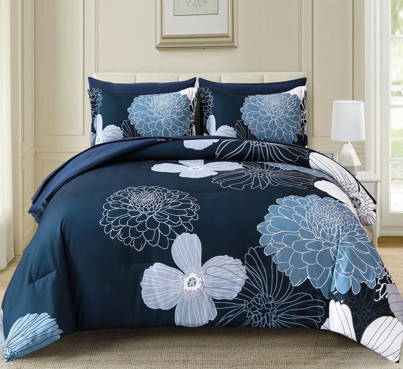 Yiran Navy Blue Floral Boho Comforter Set King Size 7 Pieces Bed In A Bag Flowers Soft Microfiber Bedding Set(1 Comforter 1 Flat Sheet 1 Fitted Sheet 2 Pillowshams 2 Pillowcases) - Image 2