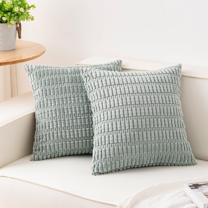 Aegero Pack of 2 Corduroy Decorative Throw Pillow Covers 18x18 Inch Soft Striped Pillow Covers Modern Farmhouse Home Decor for Sofa Living Room Couch Bedï¼ˆAquaï¼‰ - Image 1