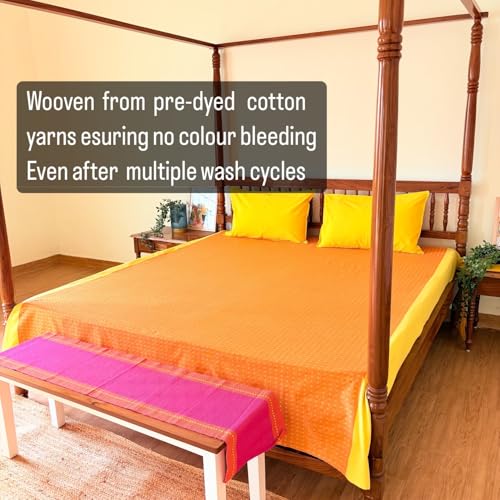 RANGBHAR 100% Cotton Handloom Premium Bedsheet with 2 Pillow Covers, Hand Woven Striped Bed Covers, 200 Thread Count, Elegant Bedcover Flat Sheet, 90 X 100 inches - Orange Yellow, 200 TC - Image 3