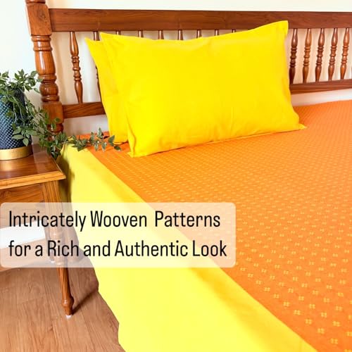 RANGBHAR 100% Cotton Handloom Premium Bedsheet with 2 Pillow Covers, Hand Woven Striped Bed Covers, 200 Thread Count, Elegant Bedcover Flat Sheet, 90 X 100 inches - Orange Yellow, 200 TC - Image 4