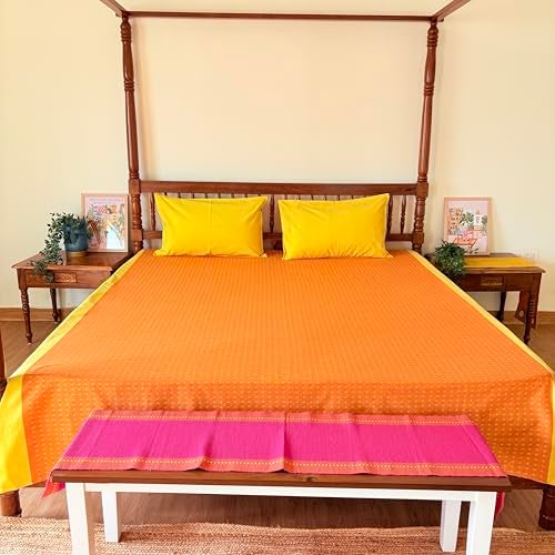 RANGBHAR 100% Cotton Handloom Premium Bedsheet with 2 Pillow Covers, Hand Woven Striped Bed Covers, 200 Thread Count, Elegant Bedcover Flat Sheet, 90 X 100 inches - Orange Yellow, 200 TC - Image 1