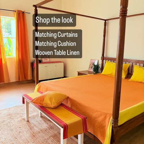 RANGBHAR 100% Cotton Handloom Premium Bedsheet with 2 Pillow Covers, Hand Woven Striped Bed Covers, 200 Thread Count, Elegant Bedcover Flat Sheet, 90 X 100 inches - Orange Yellow, 200 TC - Image 5