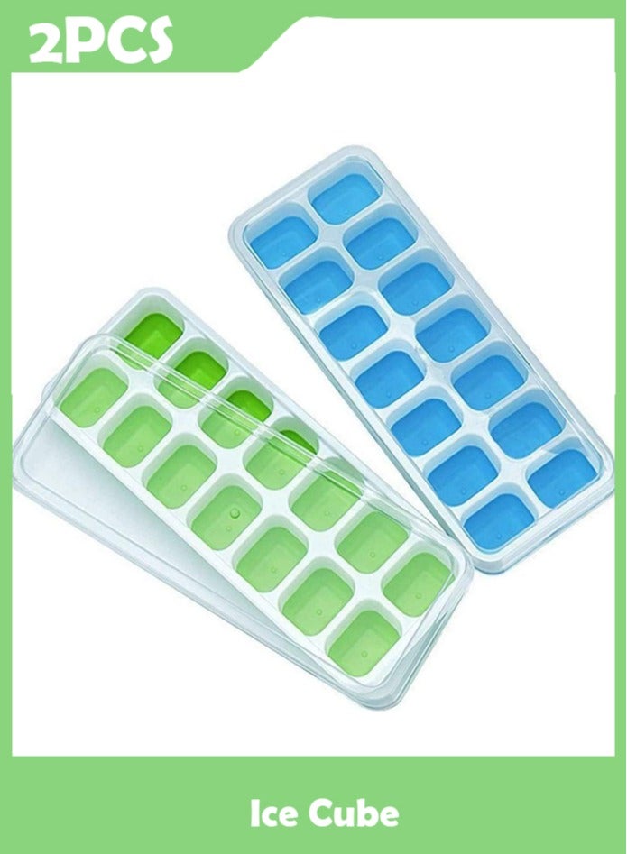 صواني مكعبات الثلج، مصنوعة من السيليكون سهلة الفك ومرنة مكونة من 14 قالب ثلج مع غطاء قابل للازالة مقاوم للانسكاب، خالية من البيسفينول ايه، متينة وامنة للاستخدام في غسالة الصحون، قطعتين - Image 1