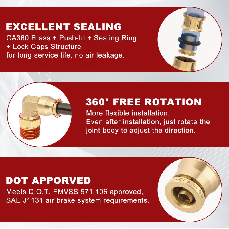 Boeray 1/4" Quick Push to Connect Fittings Brass 90 Degree Union Swivel Elbow Joint DOT Approved 1/4" Tube OD x 1/4" NPT Thread Air Brake Line Adapter Air Suspension Kit for Car Truck Trailers 2pcs - Image 4