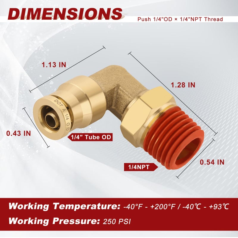 Boeray 1/4" Quick Push to Connect Fittings Brass 90 Degree Union Swivel Elbow Joint DOT Approved 1/4" Tube OD x 1/4" NPT Thread Air Brake Line Adapter Air Suspension Kit for Car Truck Trailers 2pcs - Image 5