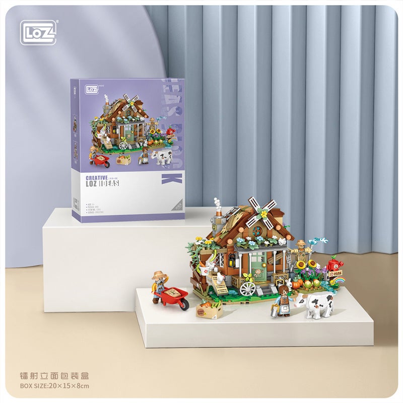 Loz Farm Cottage Rural Street Scene Building Blocks Children's Educational Toys House Assembly New Year Gift Cross-Border (1281 Farm Cabin (899 pellet))