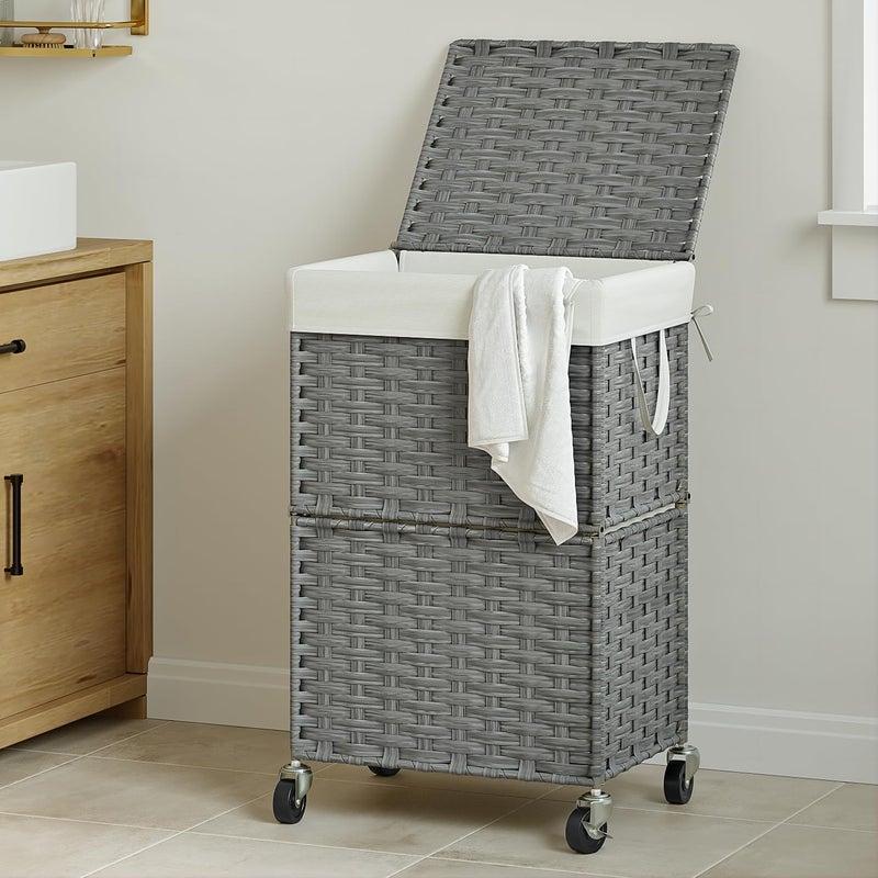 Chrislley 90L Slim Laundry Hamper with Wheels, Rolling Laundry Basket with Lid and Renovable Liner Bag, Handwoven Rattan Organizer for bedroom, bathroom, laundry room (Grey) - Image 2