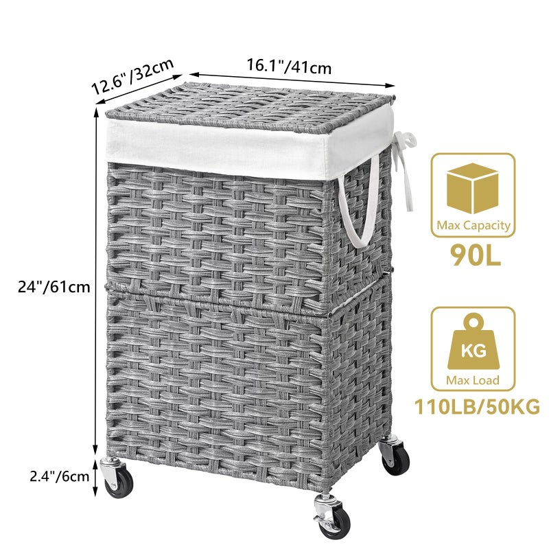 Chrislley 90L Slim Laundry Hamper with Wheels, Rolling Laundry Basket with Lid and Renovable Liner Bag, Handwoven Rattan Organizer for bedroom, bathroom, laundry room (Grey) - Image 3