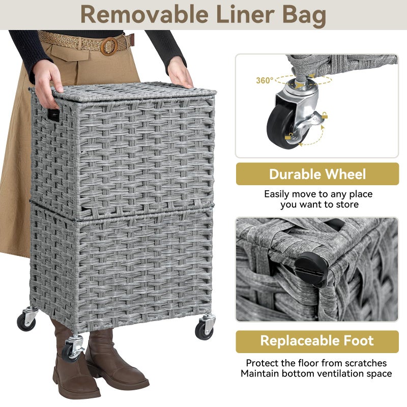 Chrislley 90L Slim Laundry Hamper with Wheels, Rolling Laundry Basket with Lid and Renovable Liner Bag, Handwoven Rattan Organizer for bedroom, bathroom, laundry room (Grey) - Image 5