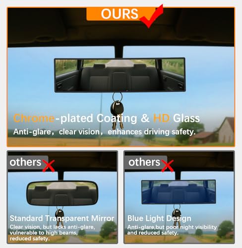 HmmtyRack Rear View Mirror Chrome Antiglare Panoramic Rear Mirrors Universal 14 Inch Convex Car Interior Clip on Extra Big Wide Angle Rearview Mirror Extender to Reduce Blind Spot for Car SUV Trucks - Image 3