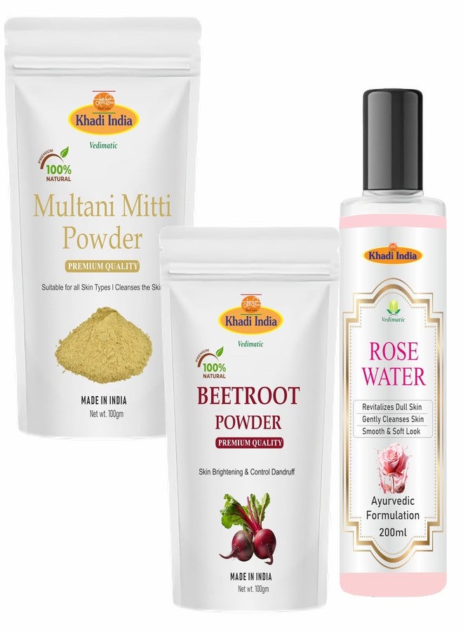 Vedimatic Khadi 100% Pure Herbal Natural Multani Mitti Powder, Beetroot Powder & Facial Toner Fresh Rose Water | Healing Clay | Bentonite clay For Face and Skin Care (200ml + 200g) - Image 1