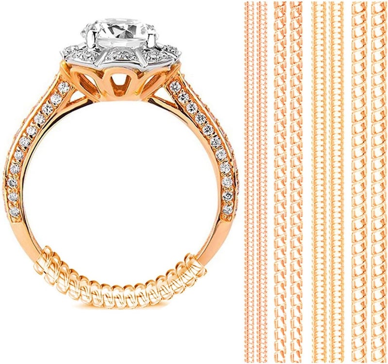 HANNEA® 8 Pack Ring Size Adjuster for Loose Rings, Golden Invisible Resizer Guards, Spiral Silicone Clips and Spacers to Reduce Ring Size for Men & Women Jewelry