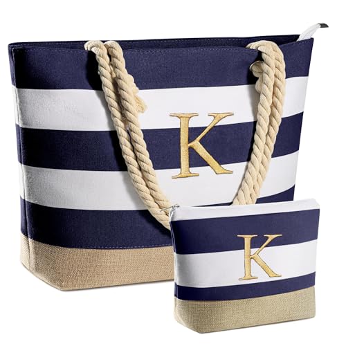 YOOLIFE Gifts for Women - Personalized Birthday Gifts for Women, Graduation Gifts, Mothers Day Gifts, Bridesmaid Gifts, Gifts for Friend Mom Teacher Sister Girls, Initial Beach Bag Travel Bag, Blue K - Image 1