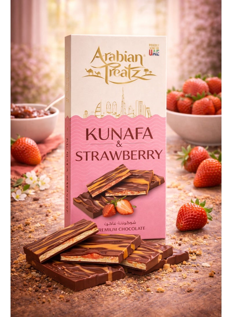 Arabian Treatz Kunafa & Strawberry,  Premium Chocolate – Gourmet Fusion of Dessert & Crunchy Nuts – 100g - Image 1