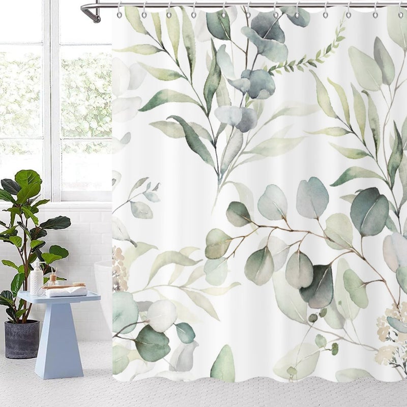 GCIREC Eucalyptus Leaf Shower Curtains Sage Green Spring Botanical Watercolor Plants Bathroom Curtains Bathtub Home Decor Waterproof Fabric Machine Washable with 12 PCS Hooks