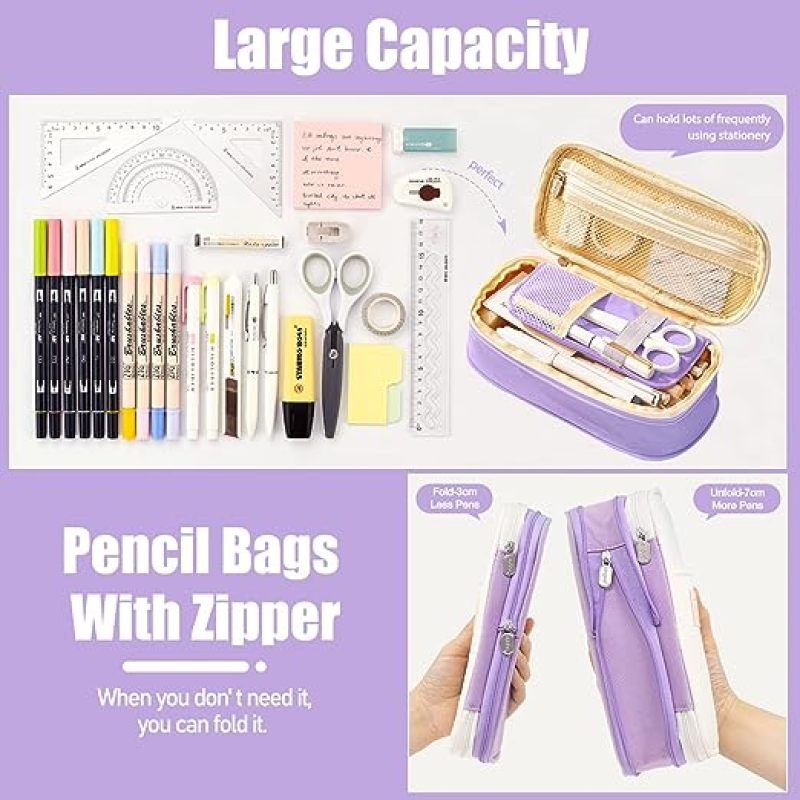 Large Capacity Canvas Pencil Bag 8.66 x 4.13 x 2.56 Inch 3 Compartments Expandable - Zippered Travel Case for Office Supplies Makeup Storage - Image 5
