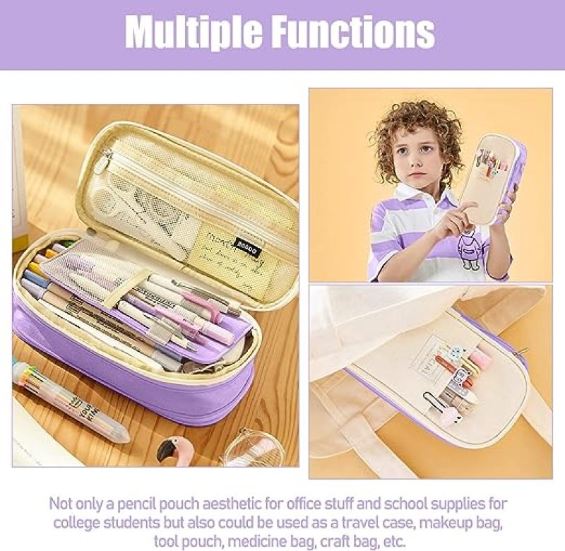 Large Capacity Canvas Pencil Bag 8.66 x 4.13 x 2.56 Inch 3 Compartments Expandable - Zippered Travel Case for Office Supplies Makeup Storage - Image 4