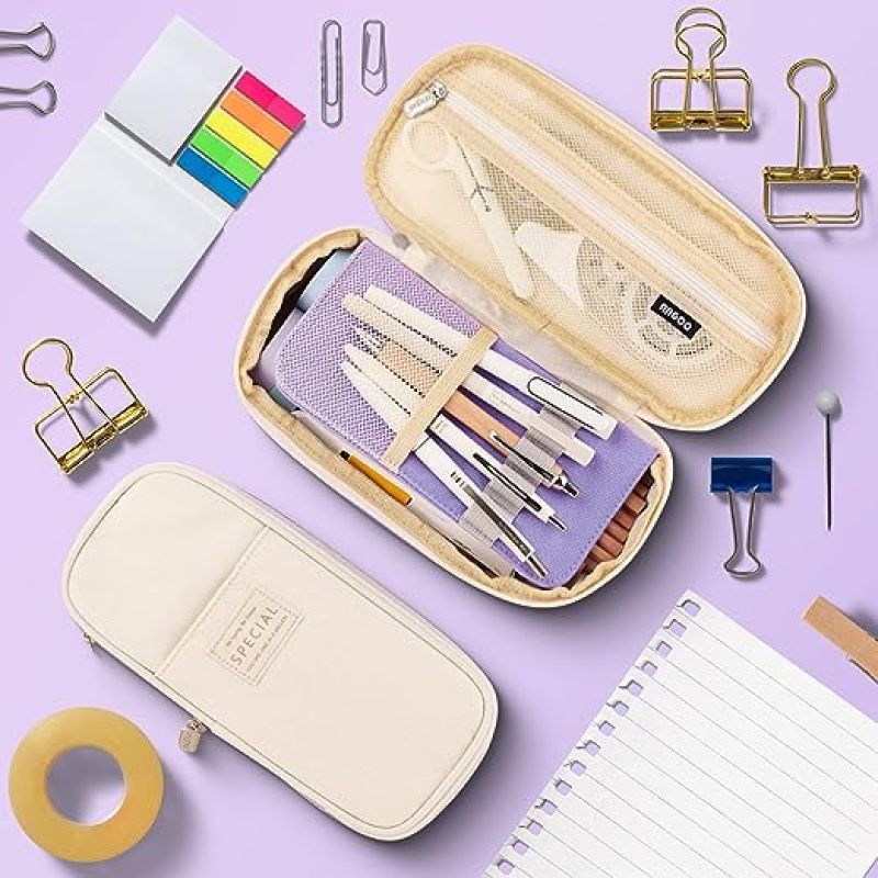 Large Capacity Canvas Pencil Bag 8.66 x 4.13 x 2.56 Inch 3 Compartments Expandable - Zippered Travel Case for Office Supplies Makeup Storage - Image 2