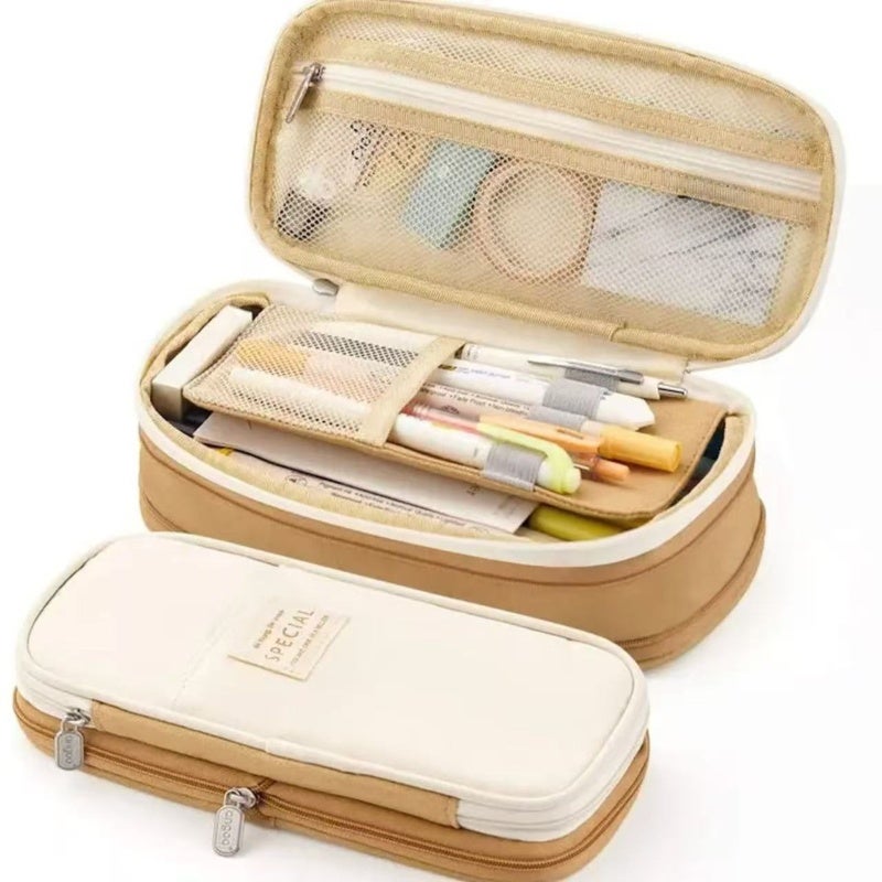 Large Capacity Canvas Pencil Bag 8.66 x 4.13 x 2.56 Inch 3 Compartments Expandable - Zippered Travel Case for Office Supplies Makeup Storage - Image 1