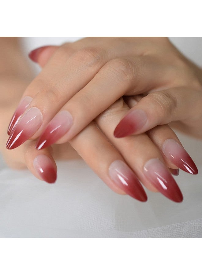 EchiQ 24Pcs Fake Nails Ombre Dark Red Medium Long Reusable French False Nails Almond Stiletto Press On Nails Art Tips Manicure - Image 1