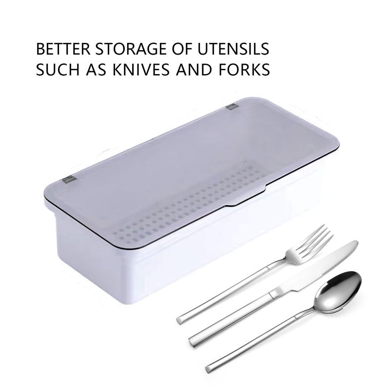 ICSTM Flatware Tray with Lid and Drainer,Silverware Tray Kitchen Dinnerware Holder and Utensil Storage Container for Flatware and Silverware (White) - Image 2