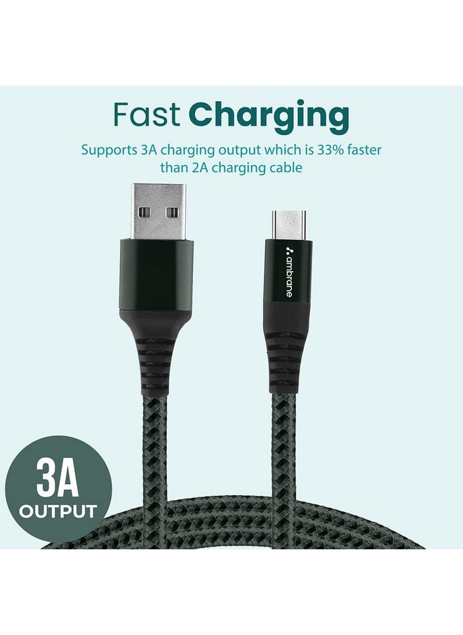 AMBRANE - Ambrane Unbreakable 3A Fast Charging 1.5m Braided Type C Cable for Smartphones, Tablets, Laptops & other Type C devices, 480Mbps Data Sync, Quick Charge 3.0 (RCT15A, Green) - Image 1