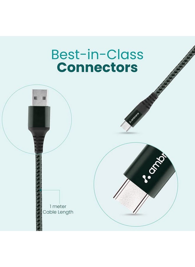 AMBRANE - Ambrane Unbreakable 3A Fast Charging 1.5m Braided Type C Cable for Smartphones, Tablets, Laptops & other Type C devices, 480Mbps Data Sync, Quick Charge 3.0 (RCT15A, Green) - Image 1