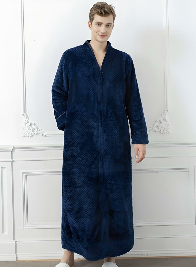 إسكدنيا جنس واحد الشتاء طويل سميكة زيبر فستان ليلي فلانيل رداء حمام بيجاما البحرية الزرقاء - Image 1
