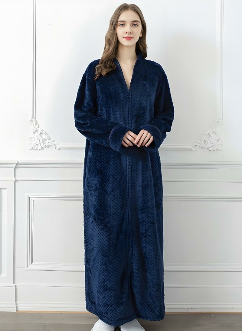 إسكدنيا جنس واحد الشتاء طويل سميكة زيبر فستان ليلي فلانيل رداء حمام بيجاما البحرية الزرقاء - Image 2