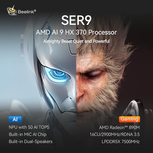Beelink SER9 AI Mini PC, AMD Ryzen AI 9 HX 370(up to 5.1GHz) 12C/24T, Mini Computer 32GB LPDDR5X RAM 1TB NVMe PCIe4.0x4 SSD, Mini Desktop PC Built-in MIC/Speakers/USB4/WiFi6/BT5.2/2.5G - Image 2
