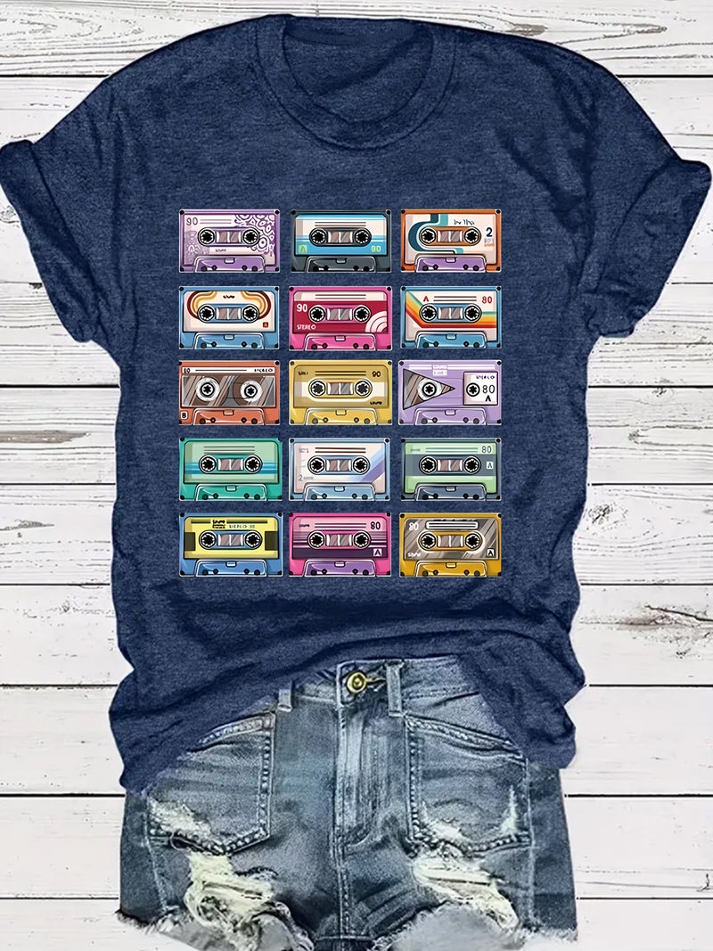 Summer Women'S Retro Tape Pattern Round Neck Short Sleeve Casual Fashion Explosions T-Shirt - Image 4