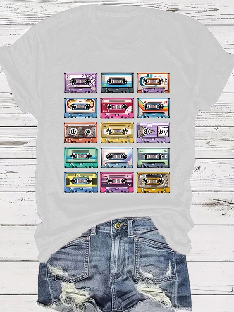 Summer Women'S Retro Tape Pattern Round Neck Short Sleeve Casual Fashion Explosions T-Shirt - Image 3
