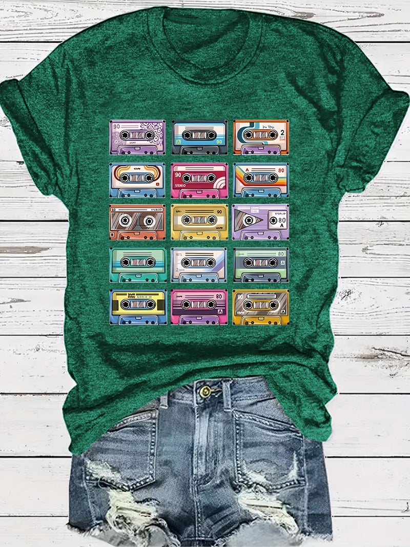 Summer Women'S Retro Tape Pattern Round Neck Short Sleeve Casual Fashion Explosions T-Shirt - Image 2