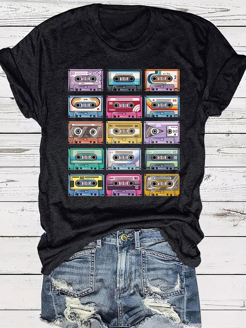 Summer Women'S Retro Tape Pattern Round Neck Short Sleeve Casual Fashion Explosions T-Shirt - Image 5