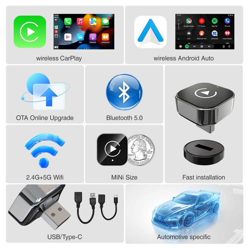 2-in-1 Wired to Wireless CarPlay Android Auto Adapter - Image 3