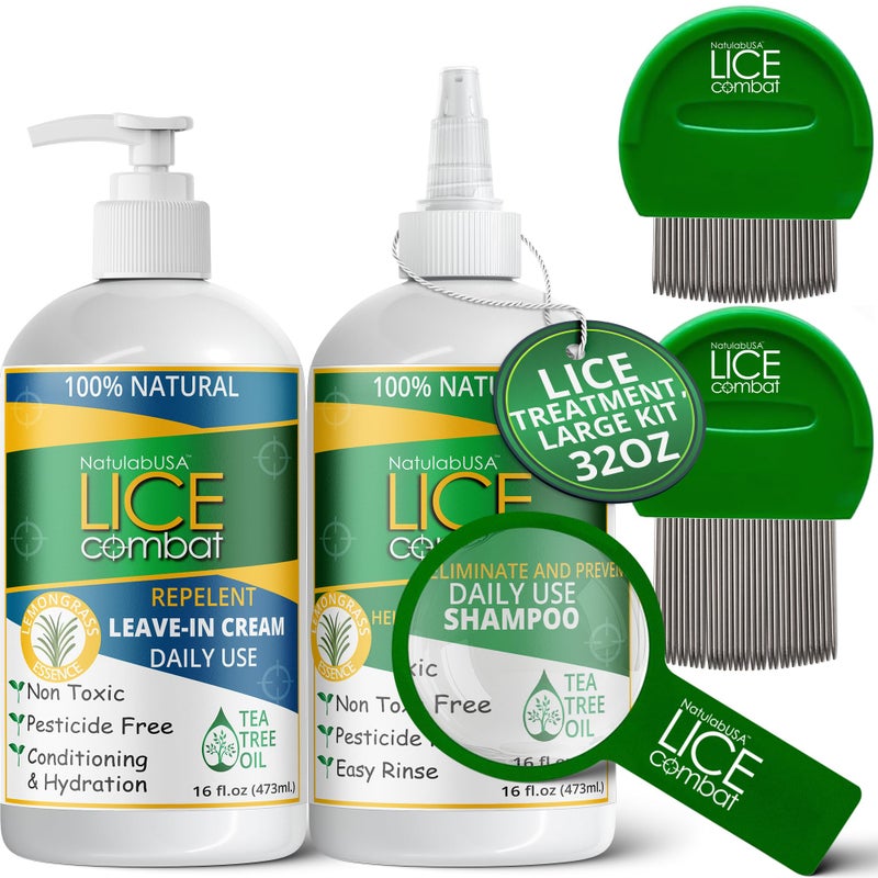 NatulabUSA Lice Treatment Kit | Shampoo, Repellent Leave-in Cream & Two Combs | Super Lice & Nits | Repels & Prevents | Pesticide Free | 100% Natural | Tea Tree + Coconut Oil+ Aloe Vera. - Image 2