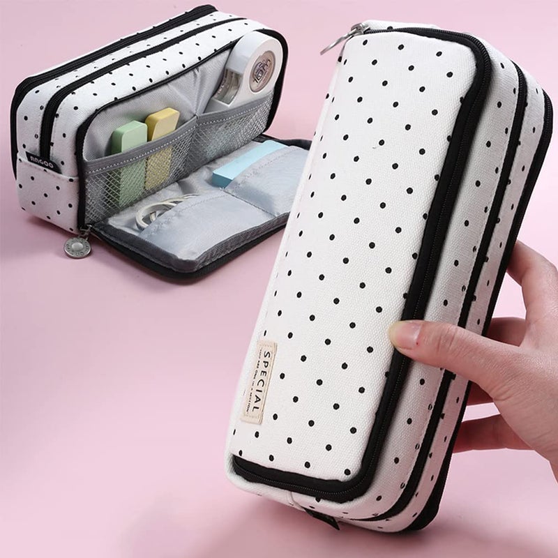 iSuperb Large Pencil Case Big Capacity Pencil Pouch 3 Compartments Pen Bag Canvas Marker Pen Bag for Teen Boys Girls School Students (Black Polka Dot) - Image 2