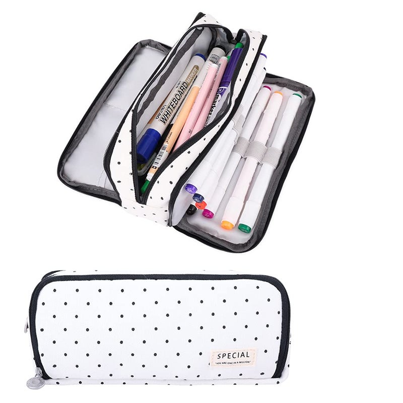 iSuperb Large Pencil Case Big Capacity Pencil Pouch 3 Compartments Pen Bag Canvas Marker Pen Bag for Teen Boys Girls School Students (Black Polka Dot) - Image 1