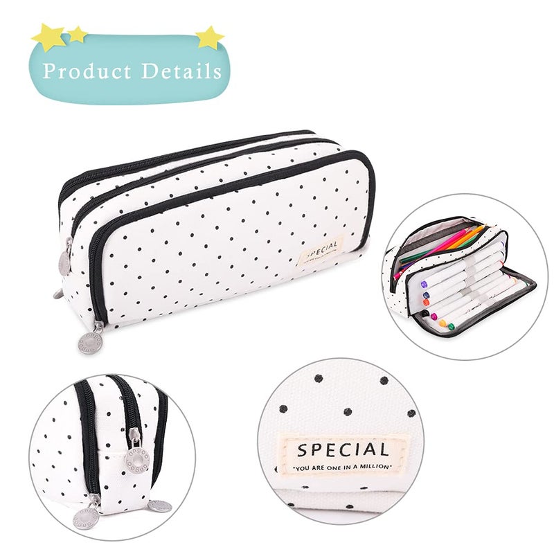 iSuperb Large Pencil Case Big Capacity Pencil Pouch 3 Compartments Pen Bag Canvas Marker Pen Bag for Teen Boys Girls School Students (Black Polka Dot) - Image 4