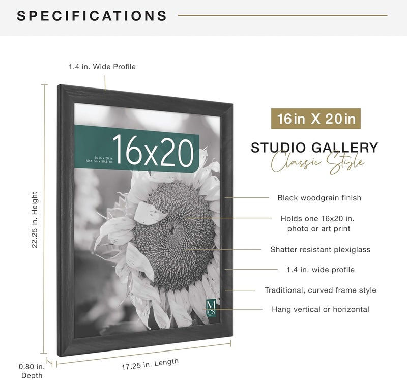 MCS Studio Gallery Classic 16x20 Poster Frame Black Woodgrain Engineered Wood, Vertical & Horizontal Wall Hanging Large Picture Frame for Photos, Posters & Art Prints (1-Pack) - Image 4